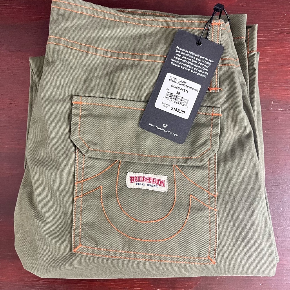 True Religion Cargo Pants Green Kalamata Orange Stitch 108335 Mens Size 30x31